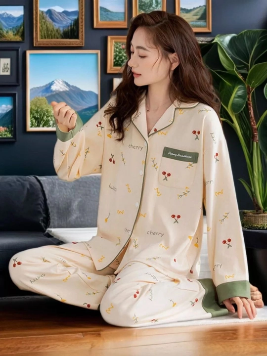 Ayollar pijamalari, uzun yengli ko'ylak va shimli pijama, 100% paxta