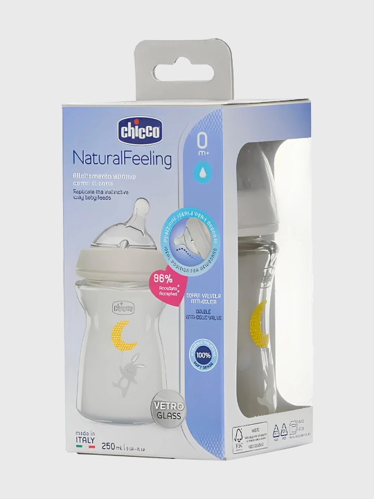 Бутылочка для малышей Chicco Natural Feeling, стеклянная, 0+, 250 мл - 