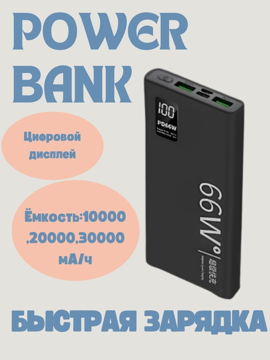 Tashqi akkumulyator Power Bank 66 W,tez zaryadlashni qo'llab-quvvatlaydigan, 20000 mA/soat