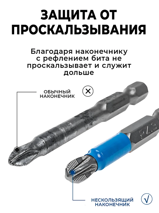 Набор магнитных бит из стали S2, 6 шт, нескользящие PH и PZ