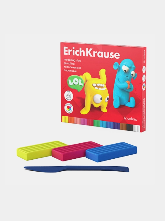Пластилин классический ErichKrause Jolly Friends 12 цветов со стеком, 216 г