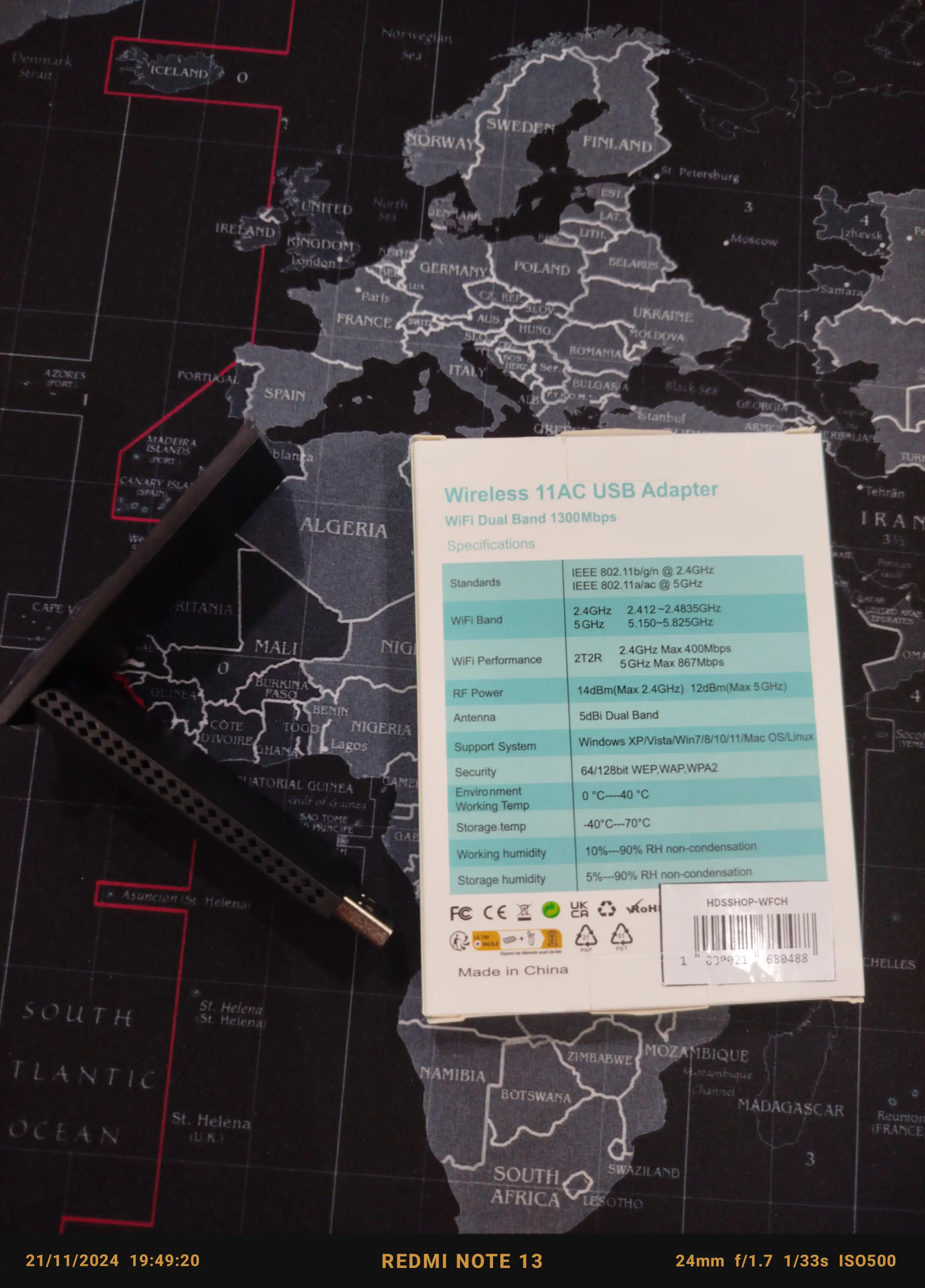 Adapter, antenna, Wi-Fi-ni qo'llab-quvvatlaydigan USB adapter, 1300 Mbit/s, 2,4/5 GGts