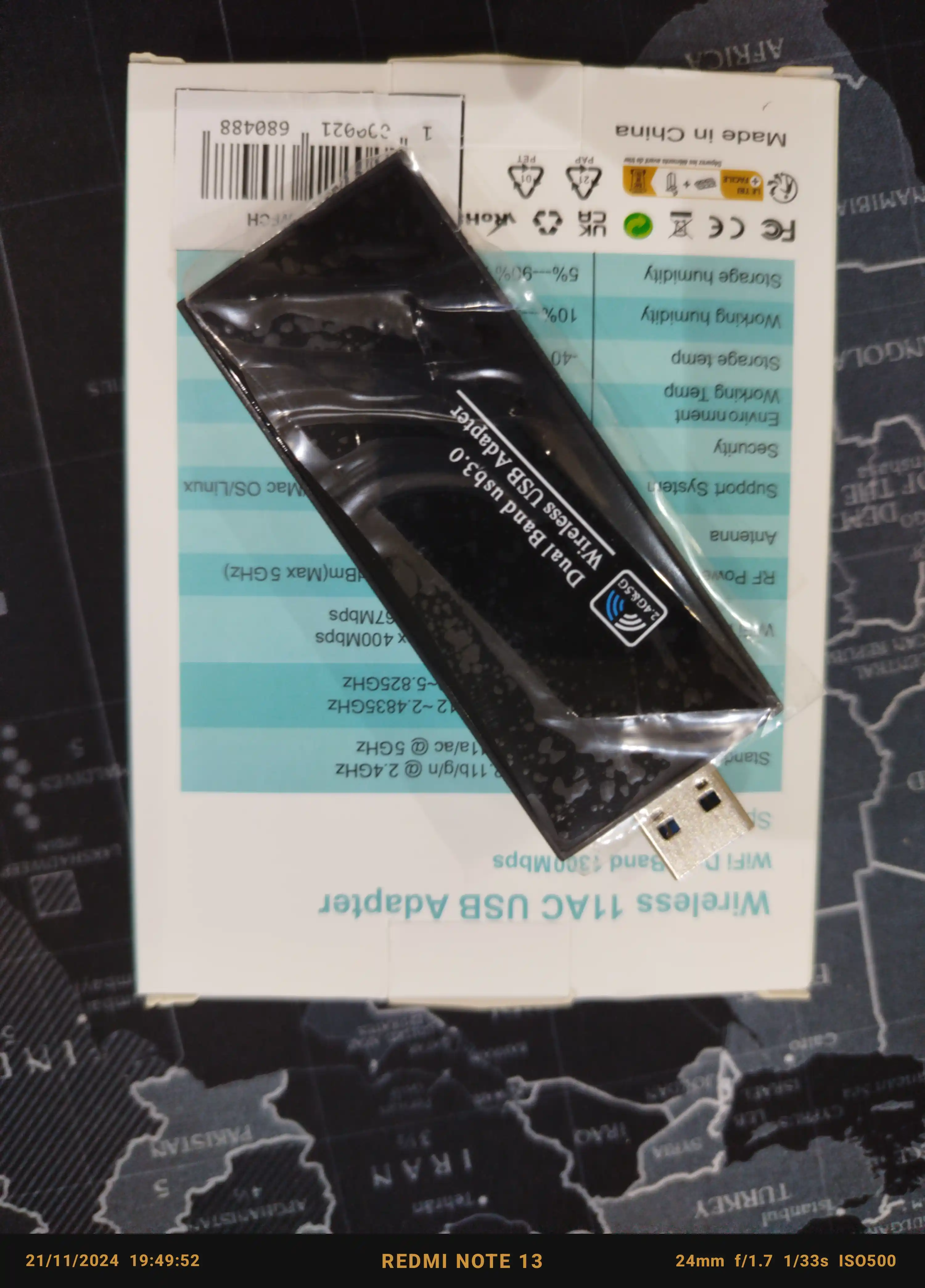 Adapter, antenna, Wi-Fi-ni qo'llab-quvvatlaydigan USB adapter, 1300 Mbit/s, 2,4/5 GGts
