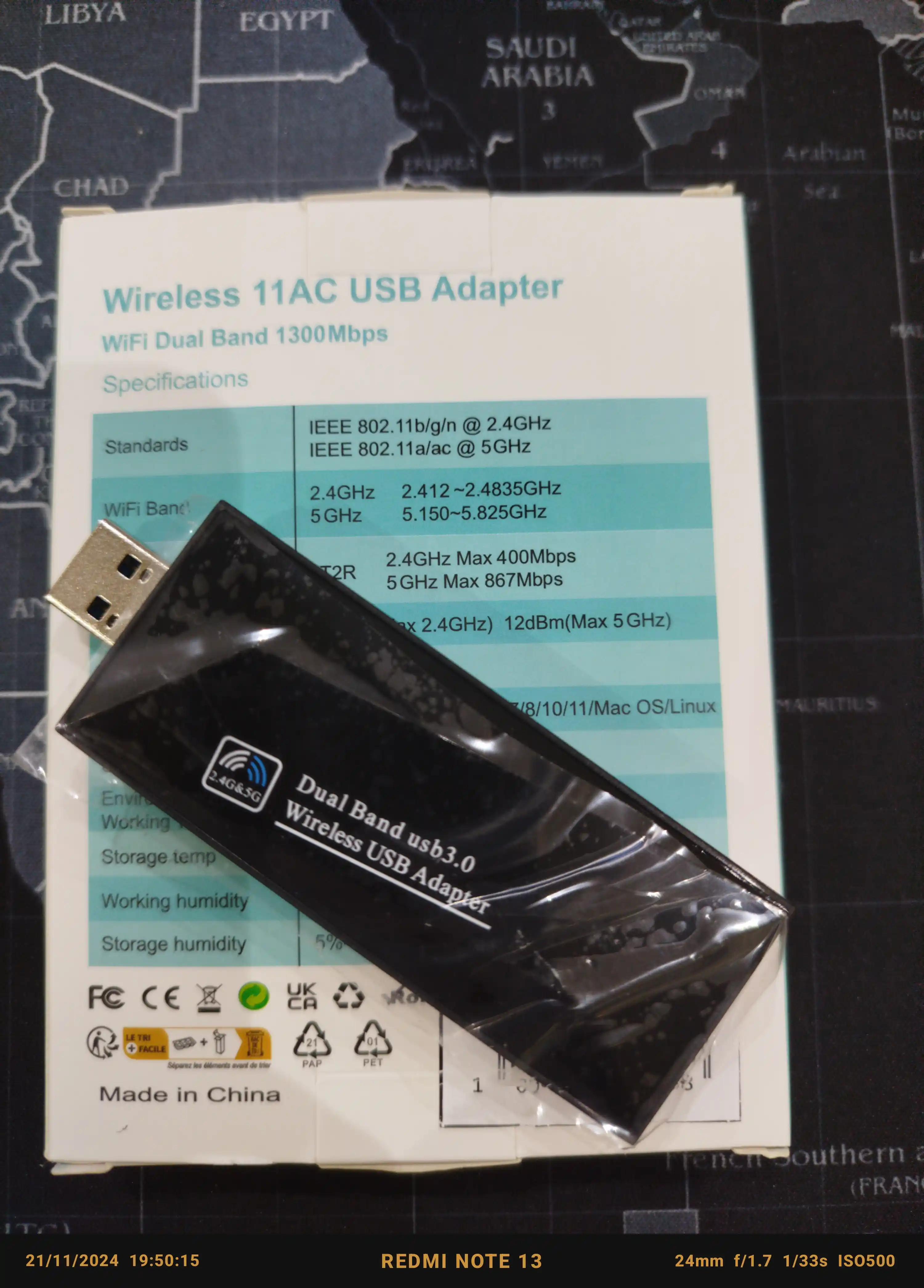 Adapter, antenna, Wi-Fi-ni qo'llab-quvvatlaydigan USB adapter, 1300 Mbit/s, 2,4/5 GGts