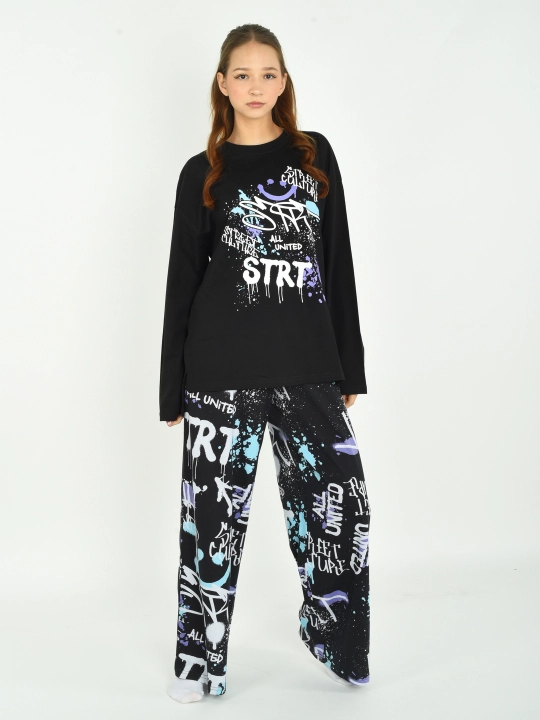Qizlar va ayollar uchun uy qurilishi pijama, longsliv uzun qisma va keng shim