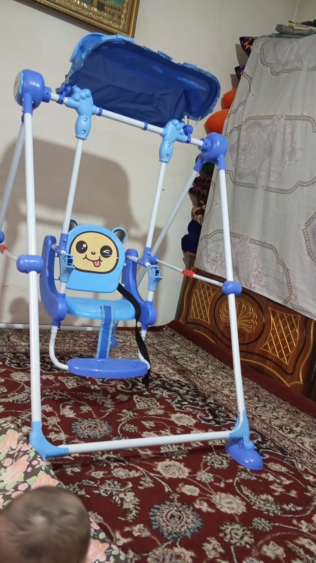 Детские напольные переносные качели, защитный капор,  музыкальная панель