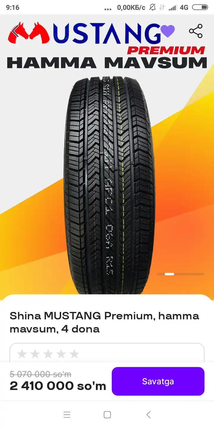 Mustang shinalari – Germaniya texnologiyasi, 4 dona