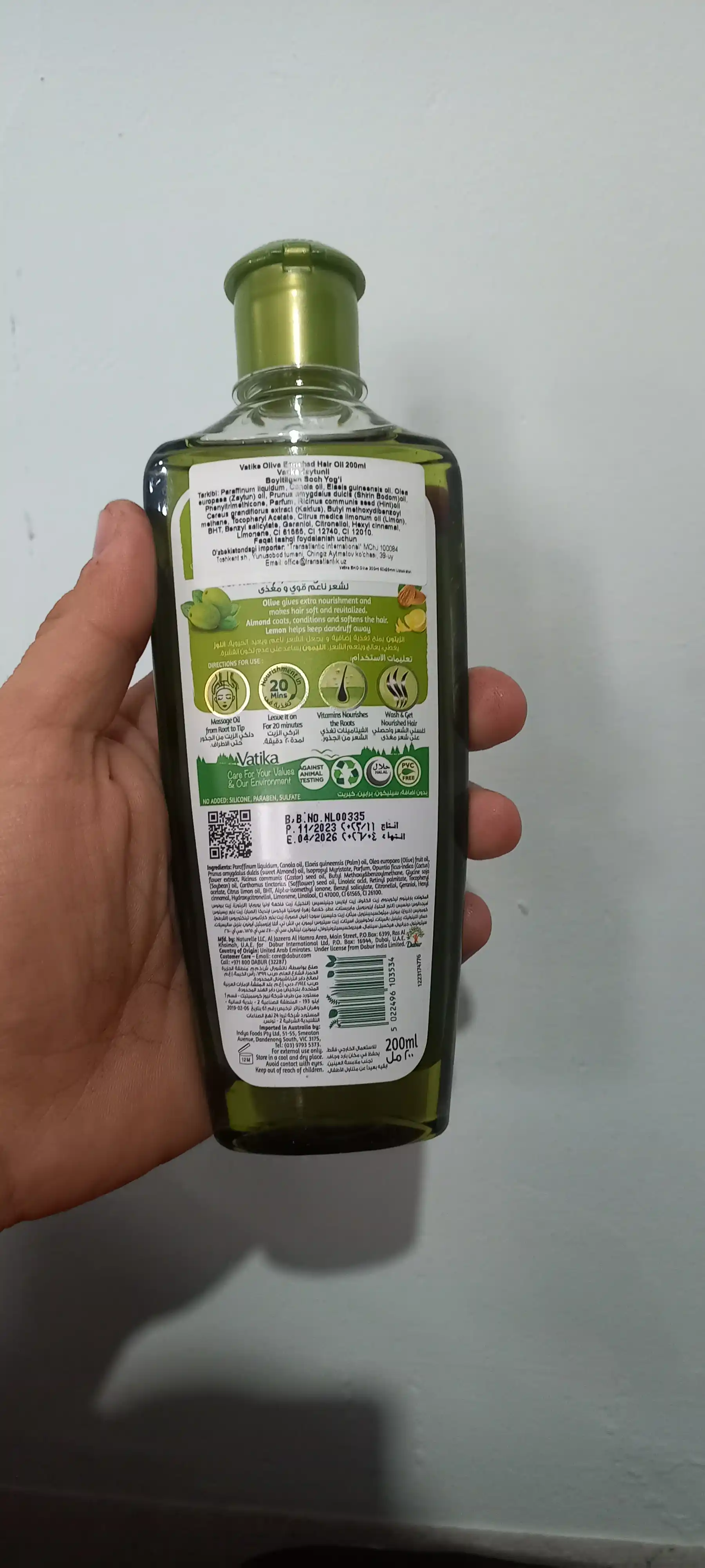 Soch yog'i Dabur Vatika Olive, amla va zaytun, oziqlantirish va himoya qilish, 200 ml