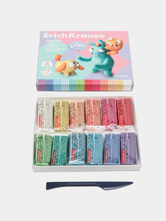 Пластилин классический ErichKrause Jolly Friends Pastel 12 цветов со стеком, 216 гр
