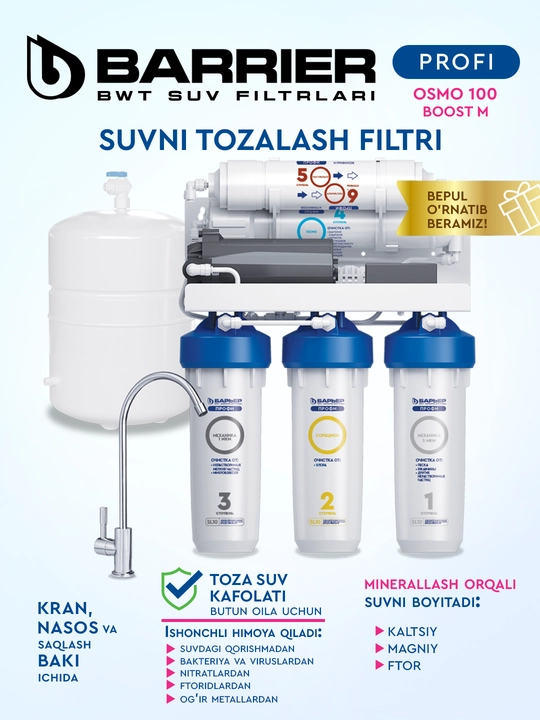 Olti bosqichli teskari osmos filtri, yuvish uchun nasos va mineralizator bilan, Bar'yer 100