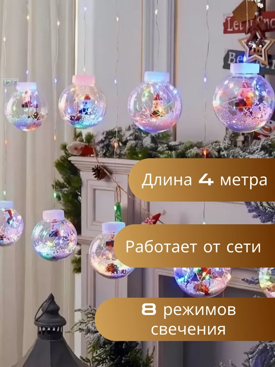 Новогодняя светодиодная гирлянда-штора, новогодние шары (10 шт) 3 метра - 