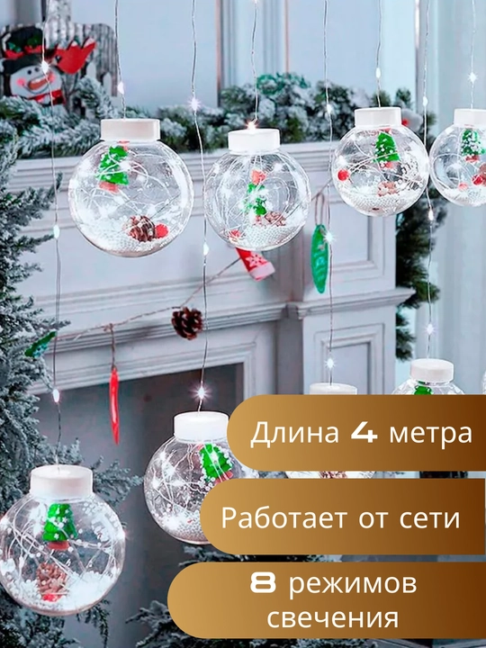 Новогодняя светодиодная гирлянда-штора, новогодние шары (10 шт) 3 метра - 
