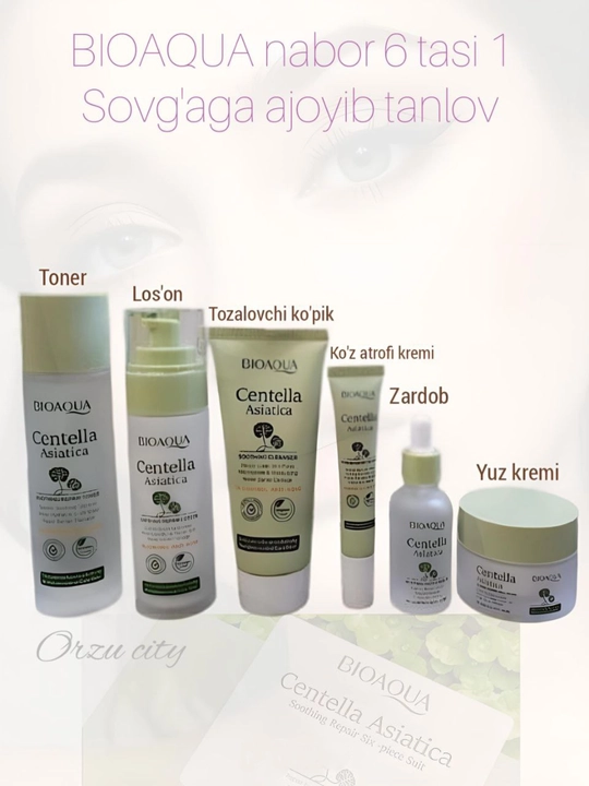 BIOAQUA yuz parvarishi to‘plami, yuz oqartirish vositalari Centella bilan