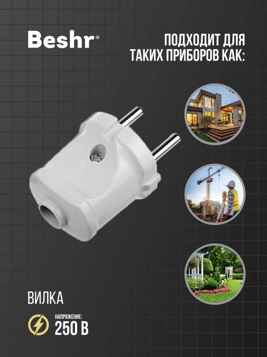 Вилка электрическая без заземления, Beshr, белая, прочный корпус, компактная