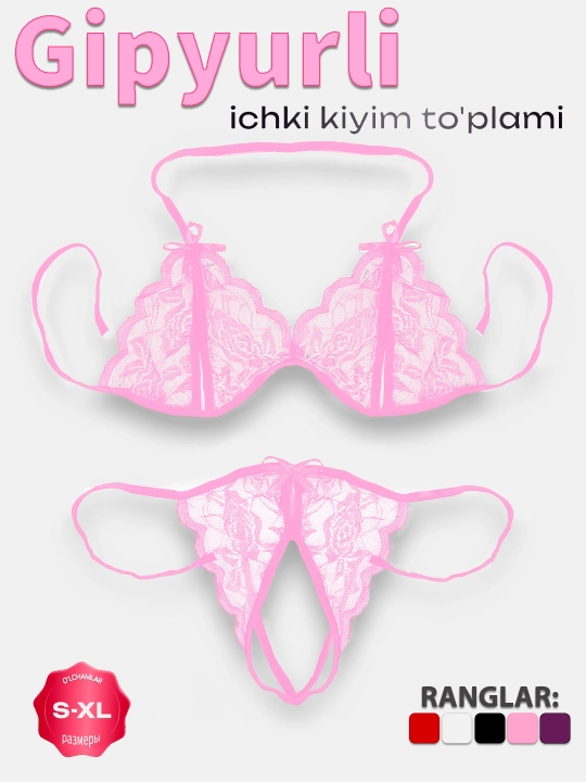 Ayollar ichki kiyimi to‘plami, to‘rli byustgalter va stringlar, ochiq dizayn, to‘r - 