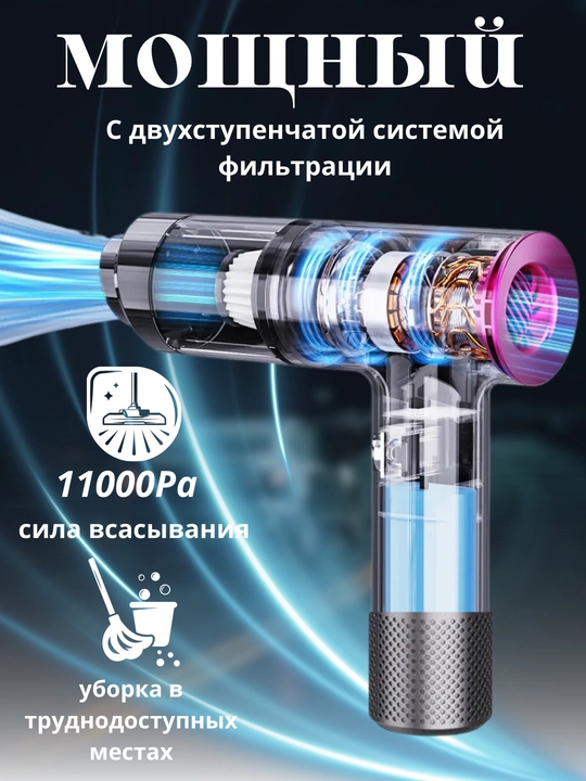 Автомобильный пылесос, 11000 Ра для сухой и влажной уборки, беспроводной