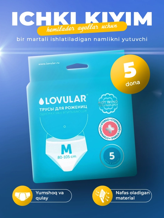 Lovular Hot Wind bir martalik steril tug'ruqdan keyingi trusik, o'lcham 5 (M), 80-105 sm