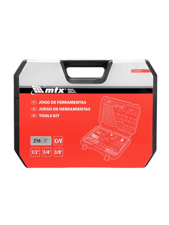MTX asboblar to'plami, 1/2, 3/8, 1/4, CrV, g'ilof, 216 dona, 1353055