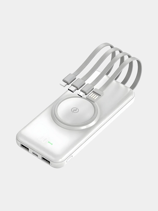 Simsiz zaryadlovchi power bank, zamonaviy dizayn, 4 ta kabel bilan