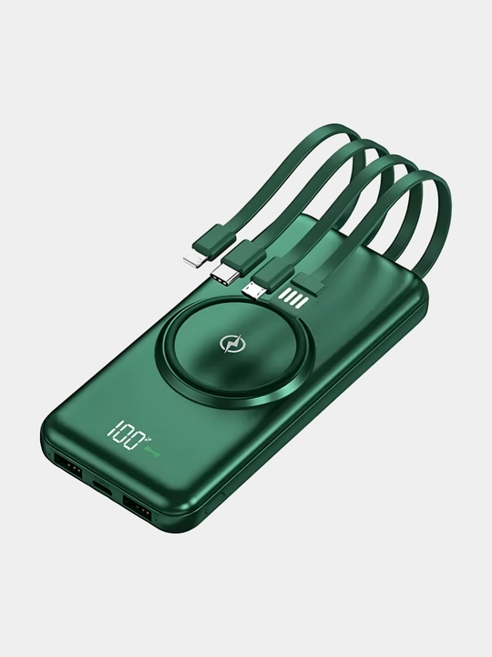 Simsiz zaryadlovchi power bank, zamonaviy dizayn, 4 ta kabel bilan