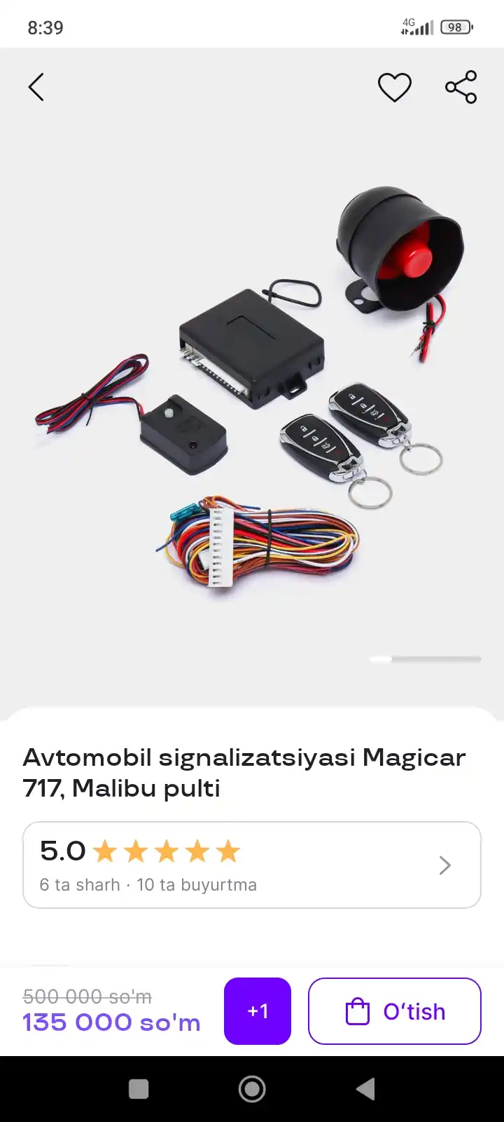 Avtomatik masofadan boshqarish pultli signalizatsiya Malibu Magicar