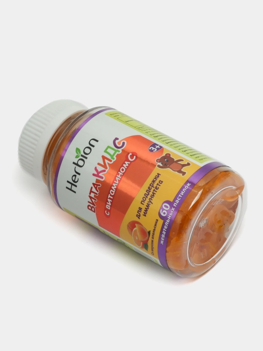 VitaKids S vitamini bilan, bolalar uchun apelsin ta’mli vitaminlar Herbion, 60 dona