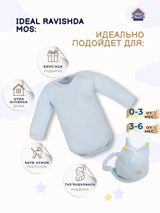 Детский боди с рукавами и детская шапка, комплект 100% хлопок, 0-3, 3-6