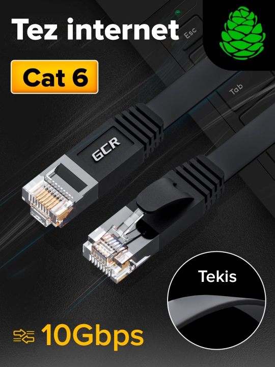 GCR PROF yassi internet kabeli, kat. 6 10 Gbit/s internet uchun patch-kord, mis - 