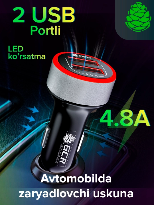Avtomobilda zaryadlovchi GCR 2 USB port 4.8 LED ko'rsatgichli