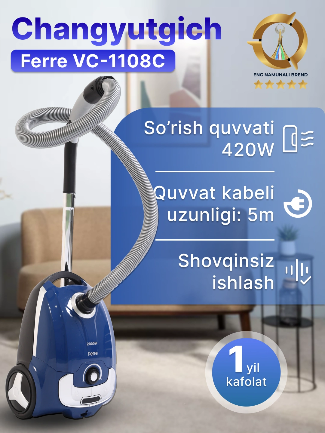 Пылесос Ferre VC-1108C, с HEPA - фильтром, мощность всасывания 450 Вт, объем пылесборника 4 л за 689000 сум со скидкой 33%. Uzum Market