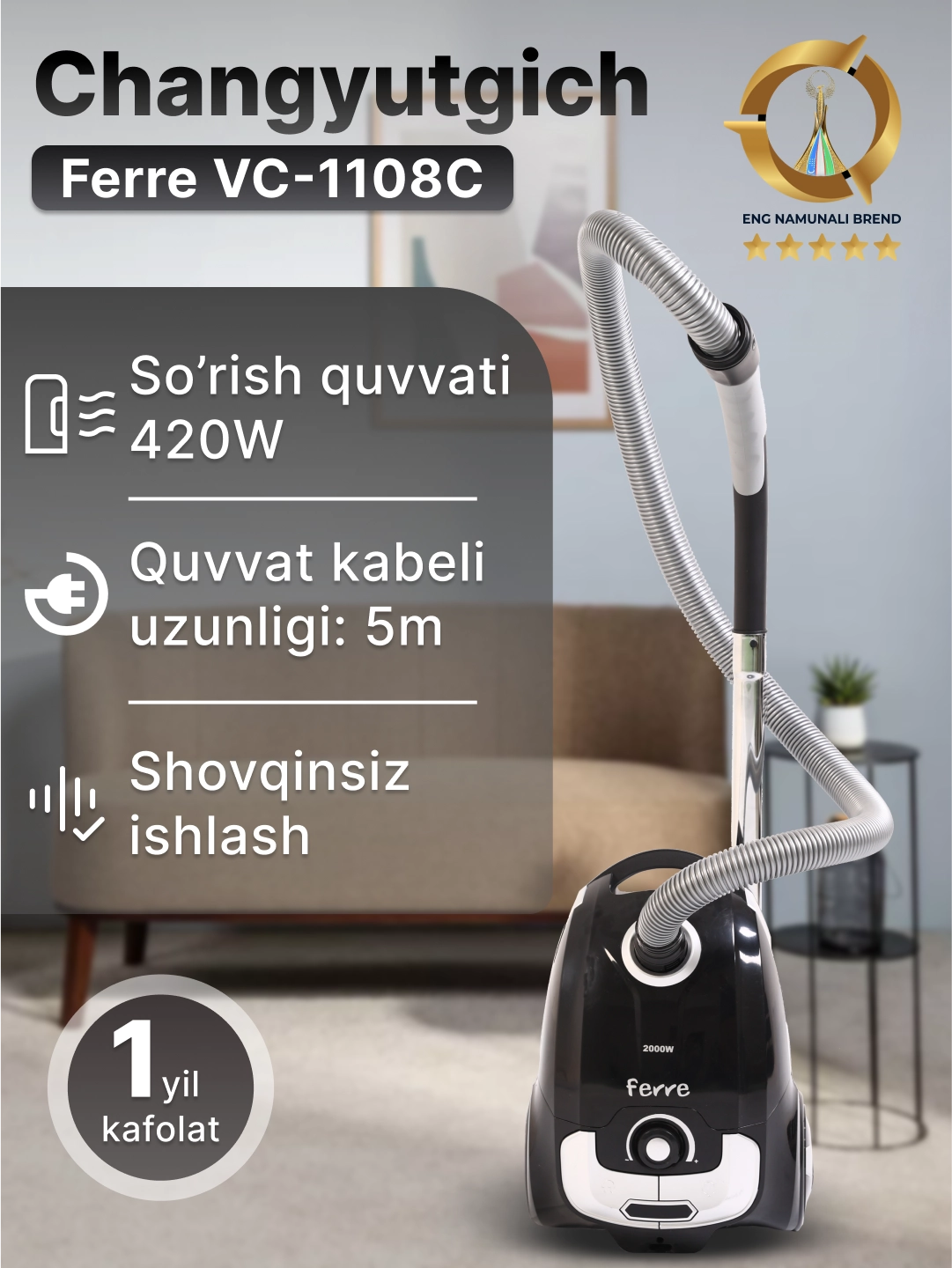 Пылесос Ferre VC-1108C, с HEPA - фильтром, мощность всасывания 450 Вт, объем пылесборника 4 л за 749000 сум со скидкой 33%. Uzum Market