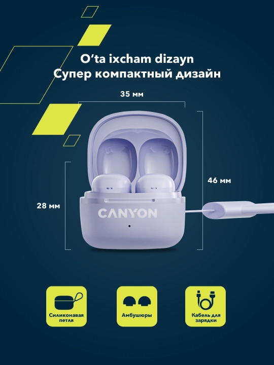 Simsiz quloqchinlar CANYON TWS OnGo 4 Mini, bluetooth quloqchin, vakuumli
