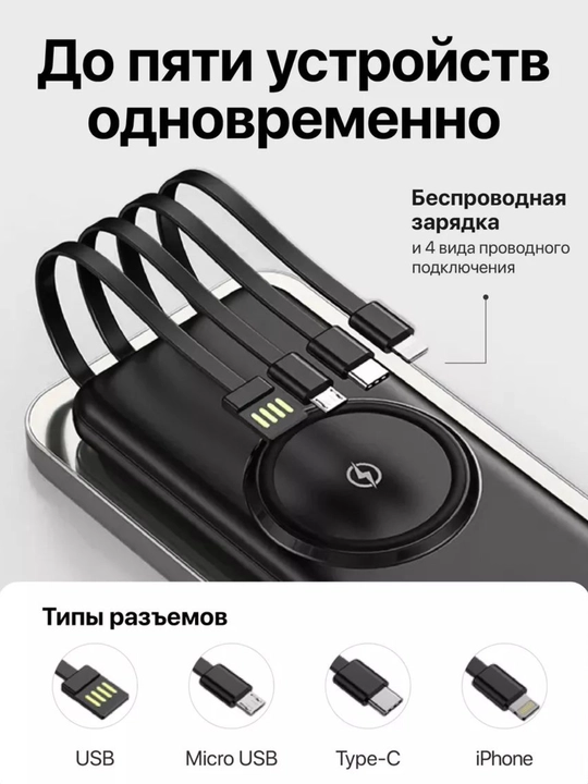 Simsiz zaryadlovchi power bank, zamonaviy dizayn, 4 ta kabel bilan