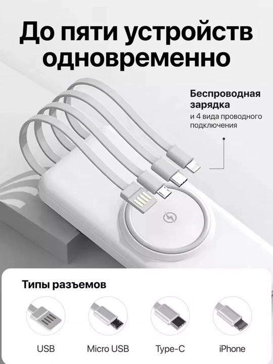 Simsiz zaryadlovchi power bank, zamonaviy dizayn, 4 ta kabel bilan