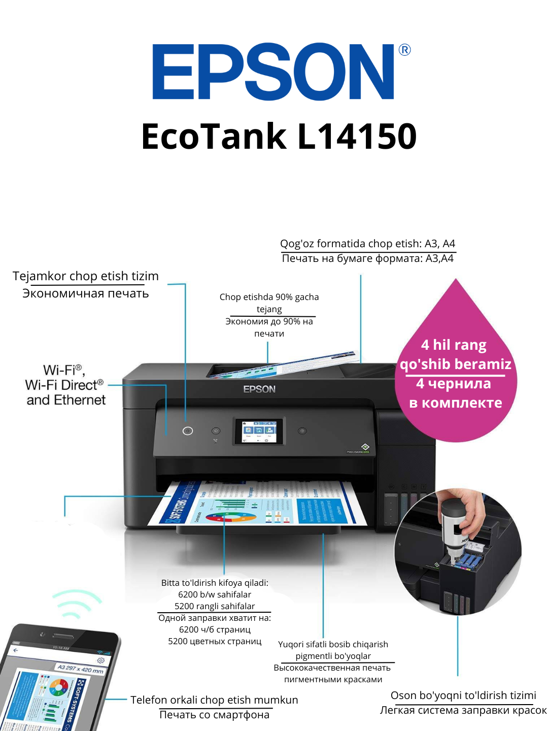 Принтер Epson L14150 МФУ 4 в 1 А3 Факс, 12 месяцев гарантии купить по ...
