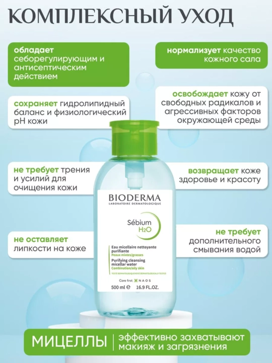 Mitsellar suv yog'li va muammoli teri uchun Sebium H2O, 250, 500 ml