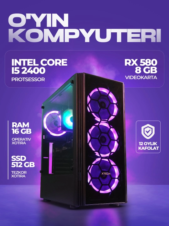 Uyin kompyuteri - Intel Core i5 2400, RAM 16 GB, 512 SSD, RX 580 8 GB video karta - 