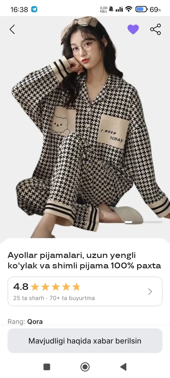 Ayollar pijamalari, uzun yengli ko'ylak va shimli pijama, 100% paxta