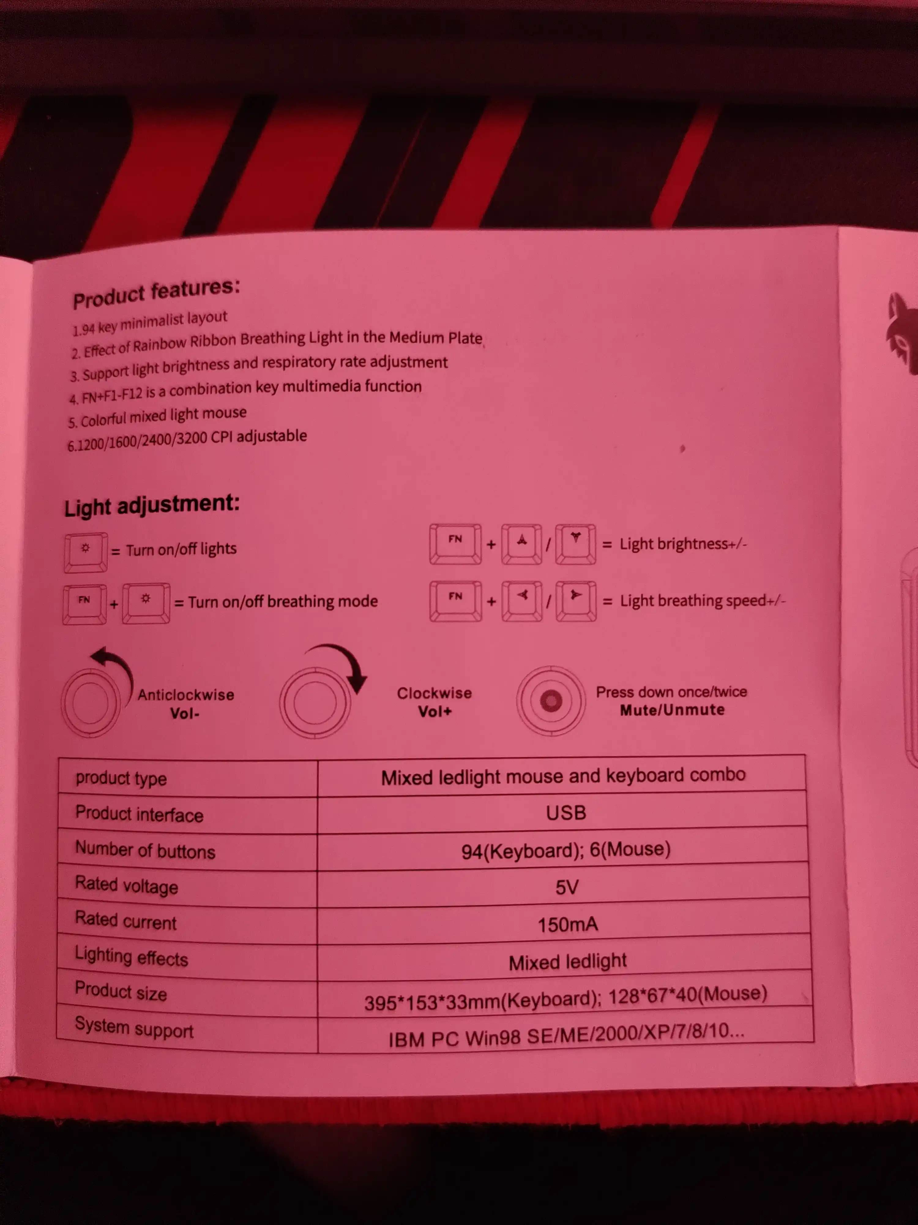 Игровая клавиатура с мышью K820, 94-клавишная, RGB-подсветка