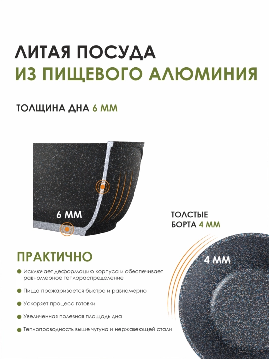 Ковш со съёмной ручкой и крышкой, посуда бренда Мечта, серия Granit Star ultra