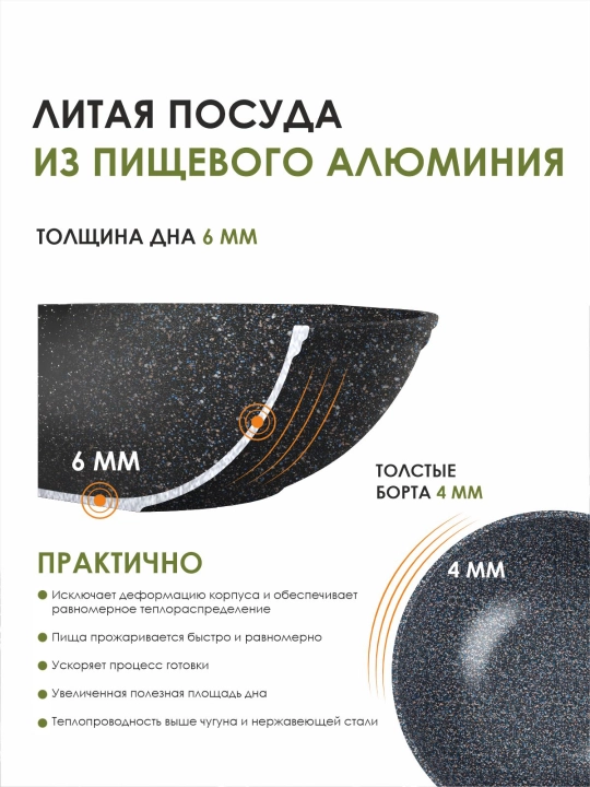 Tova WOK "Мечта" yechiladigan dastali va shisha qopqoqli, 28 sm Granit Star ultra seriya