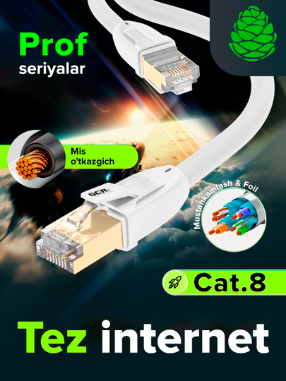 Patch cord Cat.8 GCR PROF RJ45 SF/FTP 40 GB, mis, lan Internet uchun tarmoq kabeli