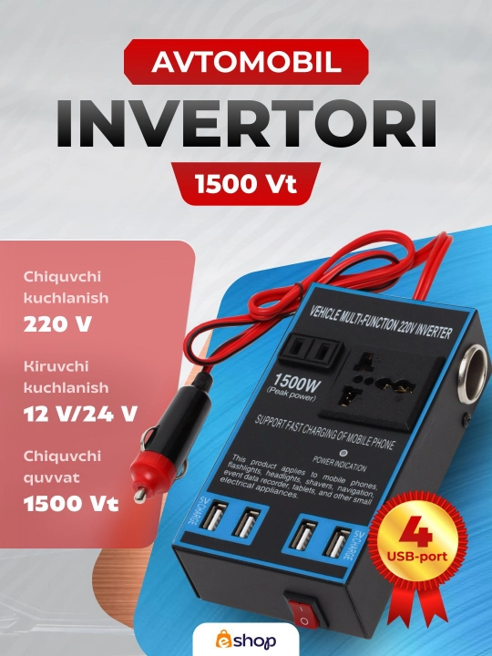 Avtomobil invertori, 4 ta USB portli rozetka, 12 V/24 V dan 220 V gacha konvertor, 1500 Vt
