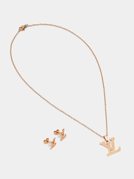 Комплект цепочка с кулоном, серьги YSL, клевер, золотой цвет, бижутерия
