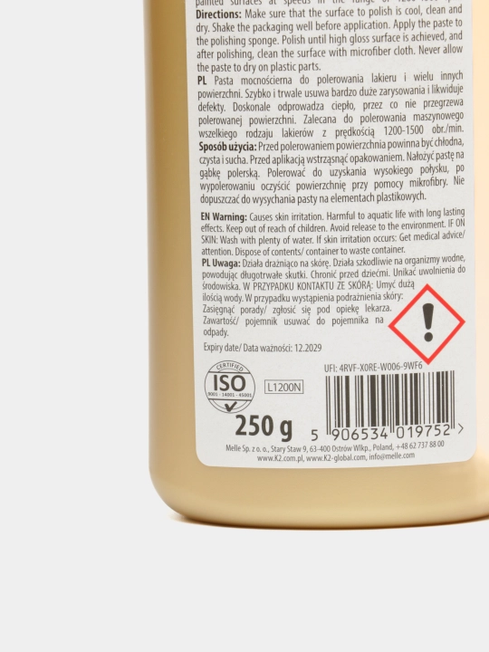 K2 LUSTER Q1 WHITE Ekstemal tirnalishlar uchun professional sayqallash pastasi, 250 ml