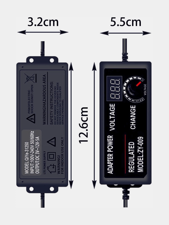 LED ekranli, universal quvvat bloki, 3 - 12 V, 5 A, 5.5 * 2.1 mm ulagich, sozlanadigan adapter, 60 W