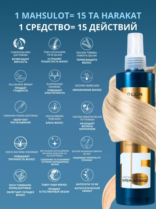 Несмываемый крем-флюид для волос, 15 в 1, Ollin Professional, 250 мл