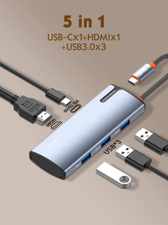 Ko‘p funksiyali ulash stansiyasi DS-56H LDNIO PD3.0 HDMI USB2.0 USB-C PD100W Type-C SD TF