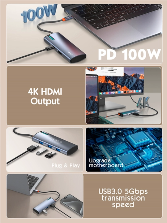 Ko‘p funksiyali ulash stansiyasi DS-56H LDNIO PD3.0 HDMI USB2.0 USB-C PD100W Type-C SD TF