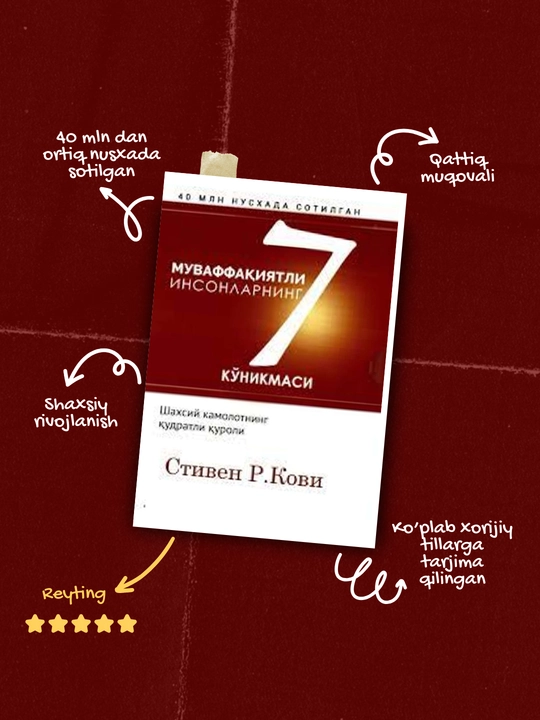 Китоб Стивен Р, Кови, муваффақиятли инсонларнинг 7 кўникмаси, шахсий ривожланиш